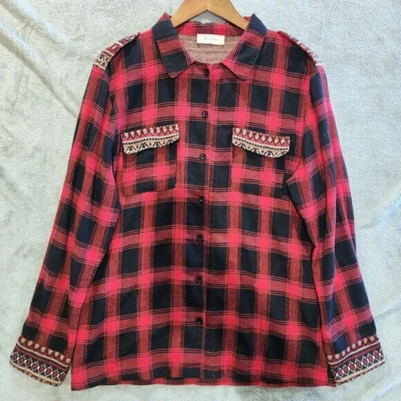 Altar'd State Womens Red Black Fair Isle Trimmed Button Up Shirt Size M Western - Picture 1 of 12